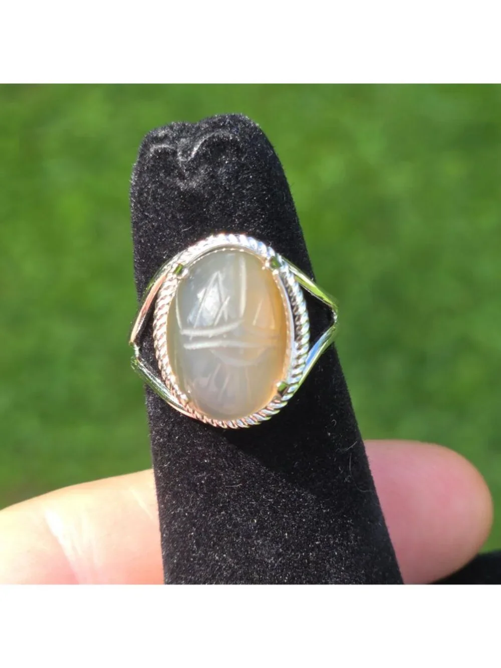 MCM Burt Cassell Scarab beetle ring stone 12K White GF Egyptian revival VTG 5.5